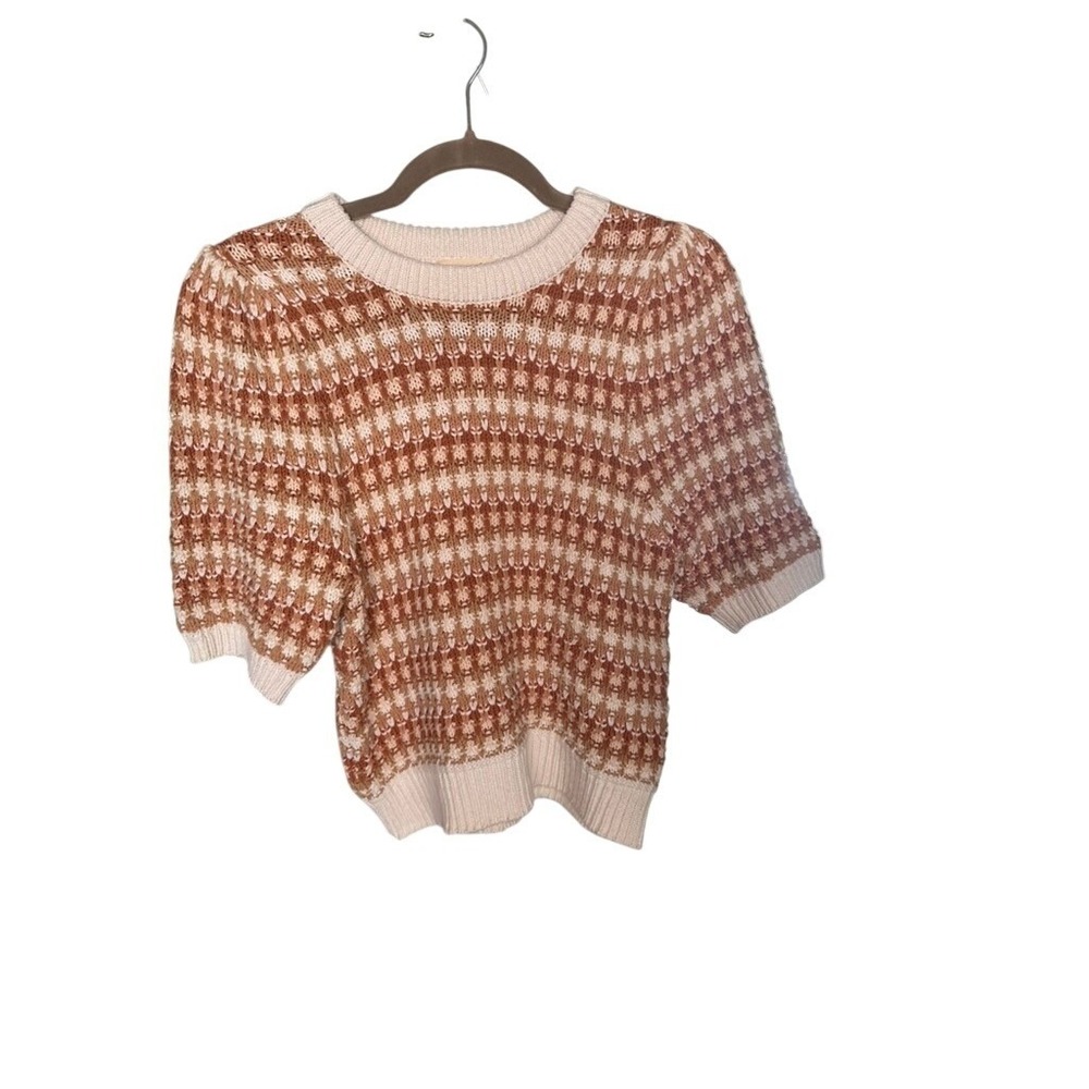 Universal Thread Womens Tan Cream Geometric Textured Knit Short Sleeve Sweater M